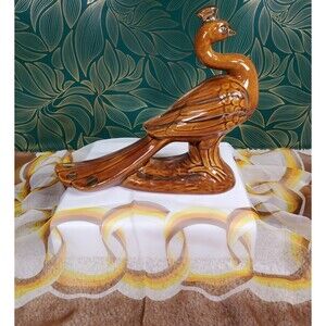 Vintage Maurice of California 1976 Brown Glaze/Gold Luster Ceramic Peacock